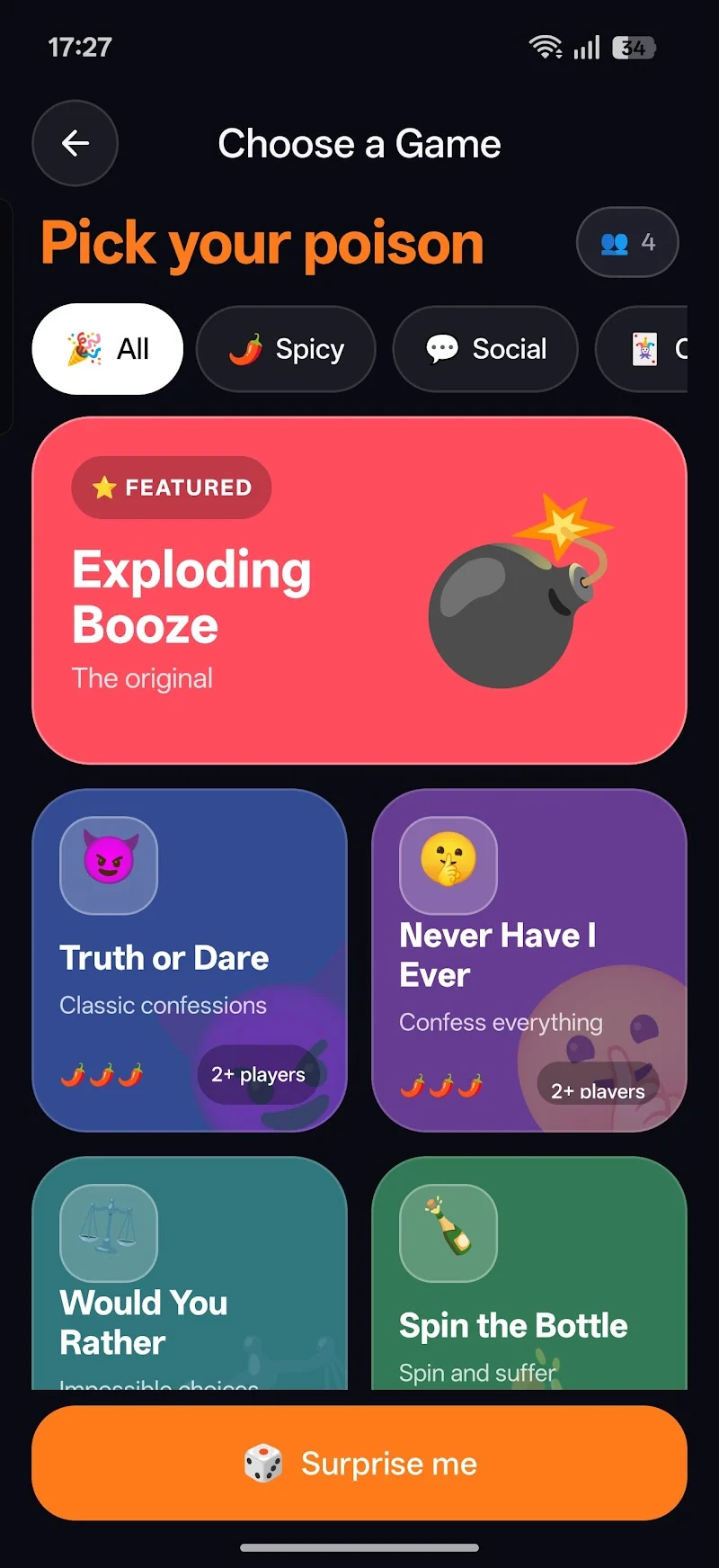 Exploding Booze party game selection with quizzes and challenges